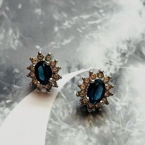 80's Oval Sapphire Diamond Floral Halo Earrings - Sapphire Studs - Gift for Her